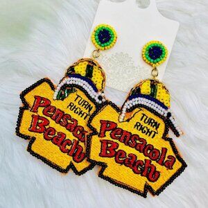 Pensacola Beach Marlin Mardi Gras Sign Bead Earrings